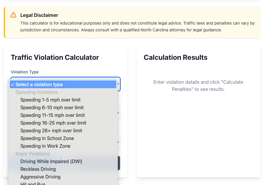 North Carolina traffic violation input factors